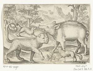 Luipaard, wild zwijn en honden door Nicolaes de Bruyn