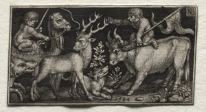 Apen rijden op een kameel en een stier