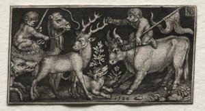 Apen rijden op een kameel en een stier, 1594 door Nicolaes de Bruyn