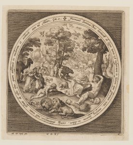 Zesde Dag: De schepping van de dieren, Adam en Eva, van de schepping tot de verdrijving uit het paradijs door Nicolaes de Bruyn