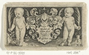 Titelprent met twee kinderen met palmblad naast wapenschild door Nicolaes de Bruyn