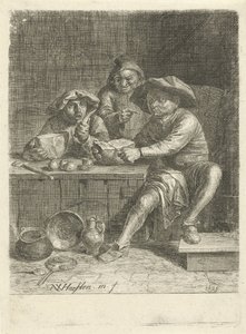 Boeren aan een tafel met brood door Nicolaes van Haeften