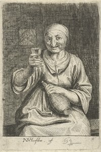 Oude vrouw met glas en kruik