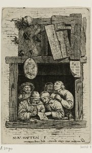 Vijf zangers in een open venster: de rederijkers door Nicolaes van Haeften