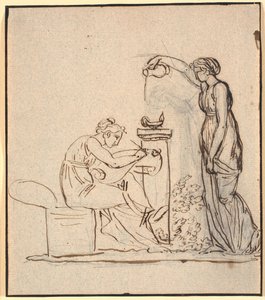 A genio lumen. Een zittende vrouw schrijft, rechts van haar giet een andere vrouw olie in een lamp