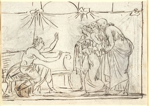 Antieke scène. Een zittende gekroonde held spreekt tot een groep van vier figuren, waaronder een klein meisje en een oude man door Nicolai Abildgaard