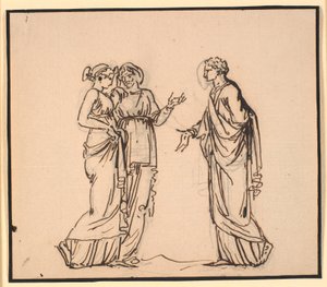Antieke scène met drie figuren, een man die met twee vrouwen praat door Nicolai Abildgaard