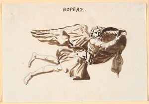 Boreas. Ontwerp voor reliëf op de toren van de winden in Pamphilus en Davus in gesprek door Nicolai Abildgaard