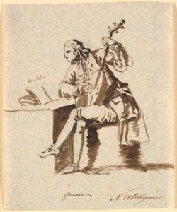 De Engelse dichter Gower zittend met een luit aan een tafel waarop Herodotus open ligt door Nicolai Abildgaard