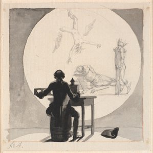 Een man met een toverlantaarn toont een beeld van de achteruitgang van handel en ambacht - de manke Mercurius, de slapende Vulcanus etc.