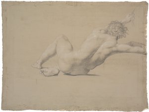 Halfliggende model. Gezien vanaf de rug. Linkerarm uitgestrekt, hand grijpt een touw. Benen gebogen, rechter onder linker door Nicolai Abildgaard