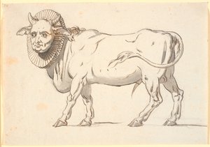 Karikatuur van een geestelijke persoon, in de gedaante van een stier met een menselijk gezicht en een pijpkraag om de hals door Nicolai Abildgaard