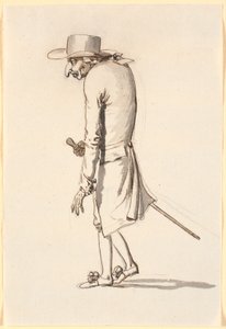 Karikatuur van een kromgebogen man, lopend naar links, met een stok in de rechterhand door Nicolai Abildgaard