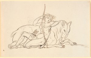 Vrouwelijk figuur met pijlen en koker, zittend leunend tegen een fantasiedier (mogelijk een miereneter). Allegorie op Amerika door Nicolai Abildgaard