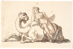 Vrouwelijke figuur met tulband en halve maan, zittend leunend tegen een fantastische kameel. Allegorie op Azië door Nicolai Abildgaard