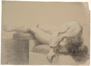 Liggend model. Naar links. Hoofd en bovenlichaam rustend op een kussen, benen omhoog en linkerbeen rustend op een ander kussen door Nicolai Abildgaard