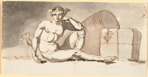 Mercurius, zittend bij balen goederen. Allegorie op de handel