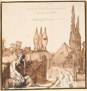 Het doel van het leven. Allegorische tekening. Een vrouw opent de poort naar een kerkhof met een obelisk en piramide door Nicolai Abildgaard