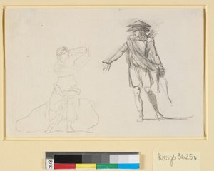 Scène tussen twee figuren. Links een zittende vrouw met ontbloot bovenlijf, rechts een lopende man met boog en pijlenkoker door Nicolai Abildgaard