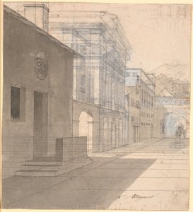 Perspectivische studie van de architectuur in het beeld van de vroedvrouw die het huis van Androspigen verlaat