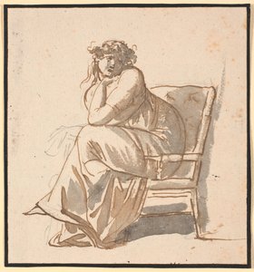Profielbeeld van de tweede vrouw van de kunstenaar Juliane Marie Abildgaard geb. Ottesen, zwanger, zittend in een leunstoel met de kin gesteund op de hand en de elleboog op de knie