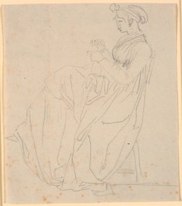 Profielportret van de tweede vrouw van de kunstenaar Juliane Marie Abildgaard geb. Ottesen, zittend met naaiwerk, hele figuur