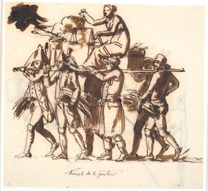 Triomf van gerechtigheid. Zes mannen dragen een draagbaar waarop de vrouwelijke figuur van gerechtigheid zit met een weegschaal door Nicolai Abildgaard