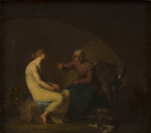 De huishoudster van de roverbende troost het jonge meisje door de mythe van Amor en Psyche te vertellen. Motief uit Apulejus: De gouden ezel door Nicolai Abildgaard
