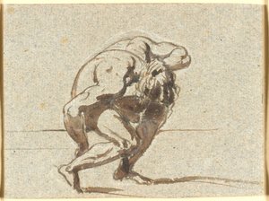 Gebogen figuur met linkerhand in de nek
