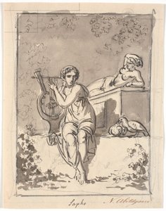 Sappho, zittend met haar lier, op de achtergrond rust een hermafrodiet