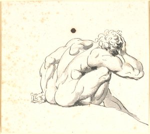 Zittende voorovergebogen man, gezien van achteren met rechterhand aan het hoofd door Nicolai Abildgaard