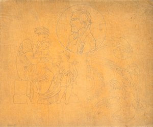 Zittende vrouw met twee kinderen en portret in profiel in cirkelcompositie door Nicolai Abildgaard