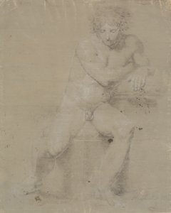 Zittend model op sokkel met kussen. Vooraanzicht. Rechterhand onder linkeroksel door Nicolai Abildgaard