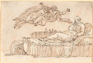 Socrates rustend op zijn bed; in de lucht twee zwevende "daimonen" door Nicolai Abildgaard