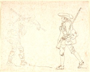 Twee Wandelende Mannenfiguren, de Een in Jagerskleding, de Ander Dragend een Bundel Stokken door Nicolai Abildgaard