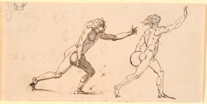 Twee naakte mannen, rennend naar rechts, elk met een grote steen in één hand, en een schets van een gezicht in profiel