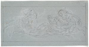 Ontwerp voor deurstuk. Een liggende jongeling giet water uit een kruik, rechts zeenimfen door Nicolai Abildgaard