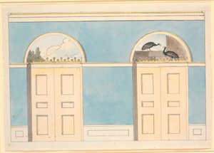 Ontwerp voor muurschildering met halfronde panelen boven twee deuren, op blauwe muren door Nicolai Abildgaard