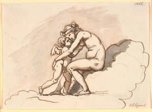 Venus, zittend in de wolken, omhelst Amor