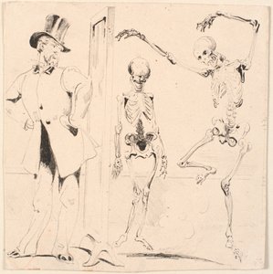 Proefblad. Heer past kleding voor spiegel. Twee skeletten door Nicolai Habbe
