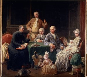 Portret van de familie Leroy. Familiescène met een priester, de moeder en de kinderen. Schilderij van Nicolas Bernard (1735-1784) door Nicolas Bernard Lepicie