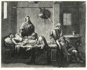 Eudemidas dicteert zijn testament (gravure) door Nicolas (after) Poussin