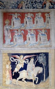 Wandtapijt van de Openbaring (1373-1383), nr. 28: Sint Jan op Patmos en de zeven kerken van Azië en hieronder Eerste zegel: De overwinnaar met het witte paard