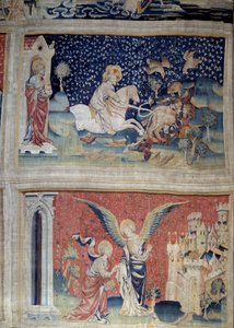 Wandkleed van de Openbaring (1373-1383), nr. 70: het Woord van God laadt de Bieten. Nr. 74: Sint Jan voor de Engel en het Nieuwe Jeruzalem. Wandtapijt door Nicolas Bataille