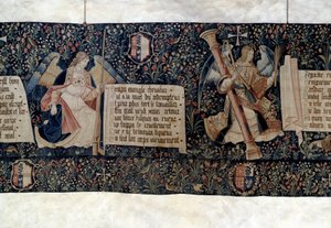 Hanging of the Revelation (1373-1383), engelen dragen instrumenten van de Passie. Wandtapijt door Nicolas Bataille (1330-1405)