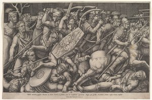 Romeinse soldaten vechten tegen Daciërs, gevechtsscène in ondiepe diepte met paarden, 1553 door Nicolas Beatrizet
