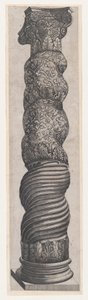 Speculum Romanae Magnificentiae: Groteske kronkelende zuil in St. Pieter, 16e eeuw door Nicolas Beatrizet