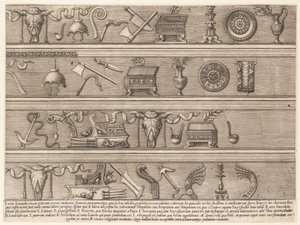 Speculum Romanae Magnificentiae: Offerinstrumenten Gebaseerd op Oude Reliëfs, ca. 1550-75 door Nicolas Beatrizet.