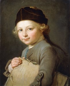 Portret van een jonge jongen, halflang, met een grijze jas en pet