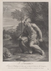 Sint Hiëronymus zittend bij een boom kijkend naar een kruisbeeld, een leeuw drinkt water uit een stroom, 1728